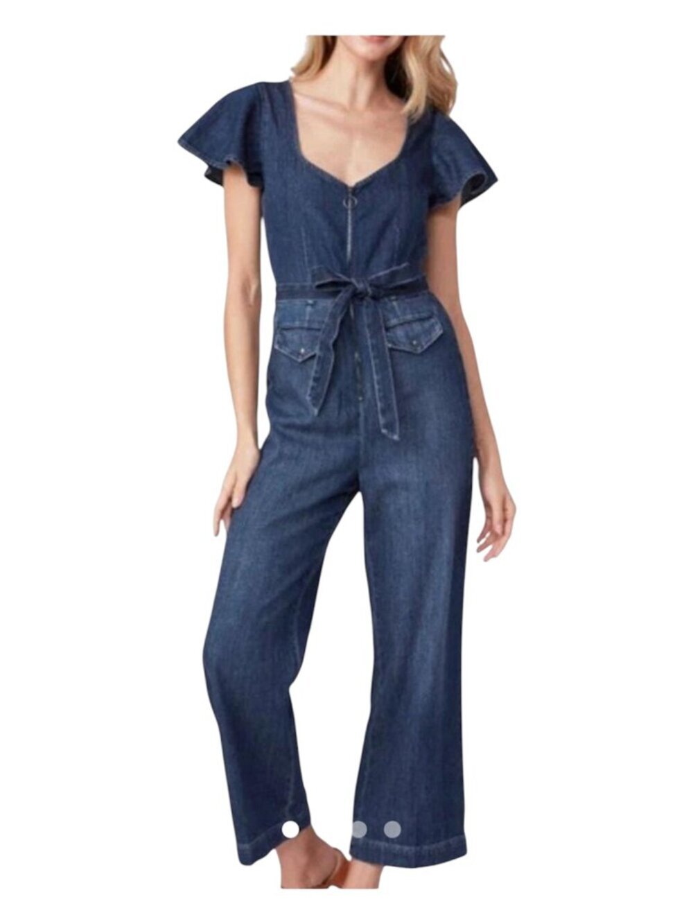 PAIGE Denim Wide Leg Jumpsuit Blue Chambray Zip Front Tie Waist Flutter Sleeve S